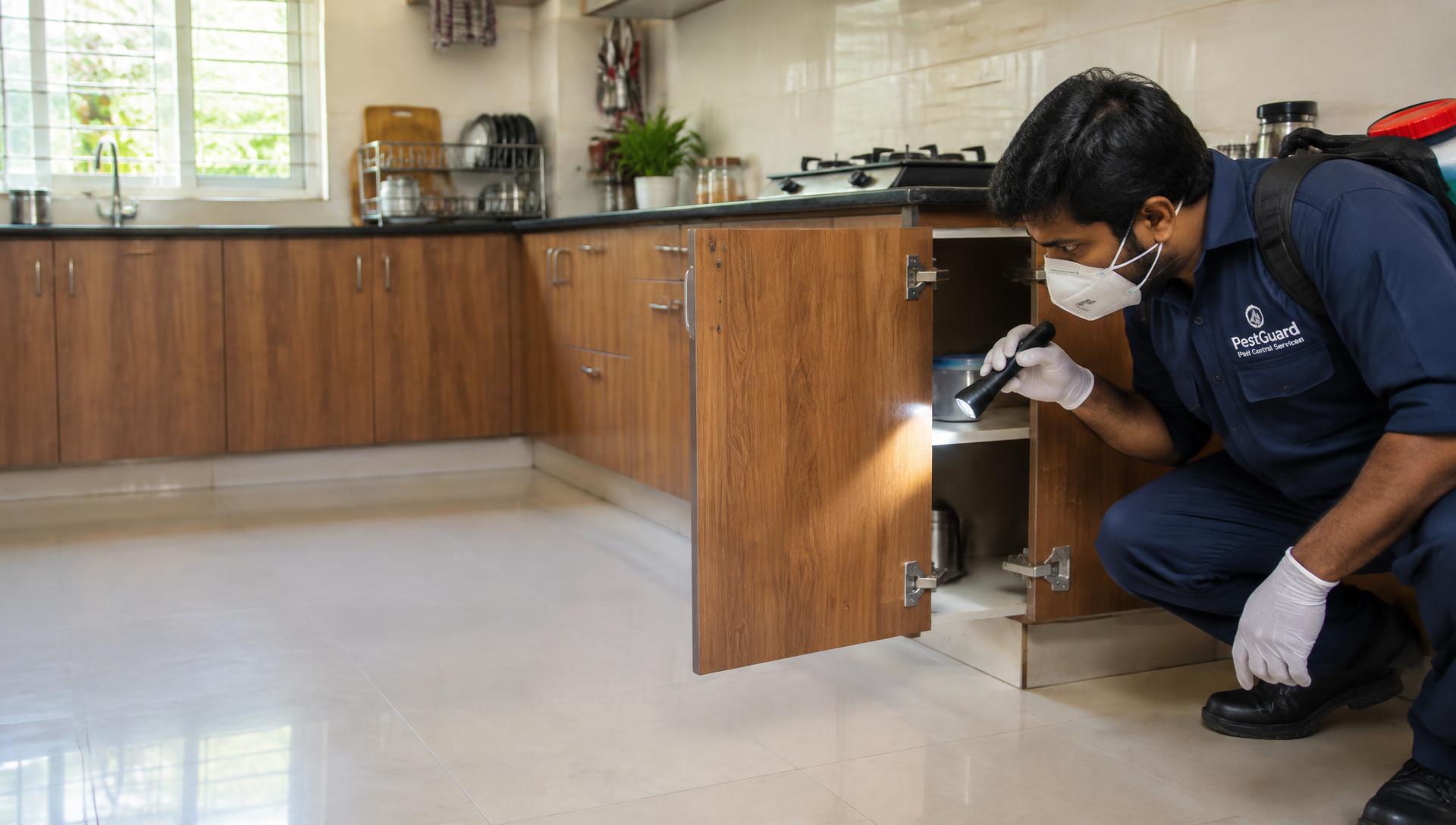 Technician inspecting kitchen cabinets with a flashlight