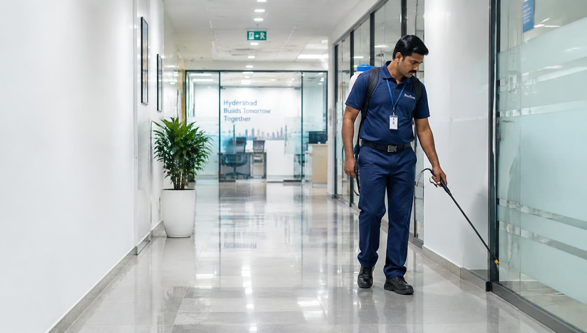 Technician carrying out pest treatment in an office corridor