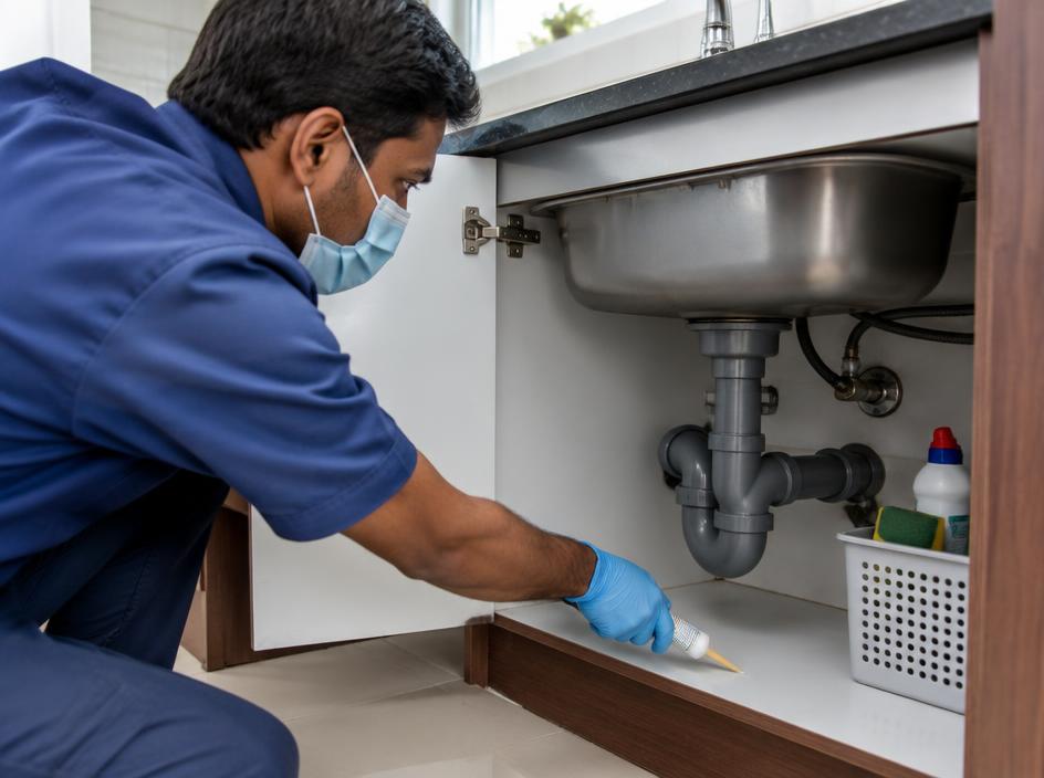 Technician applying cockroach gel under a kitchen sink cabinet
