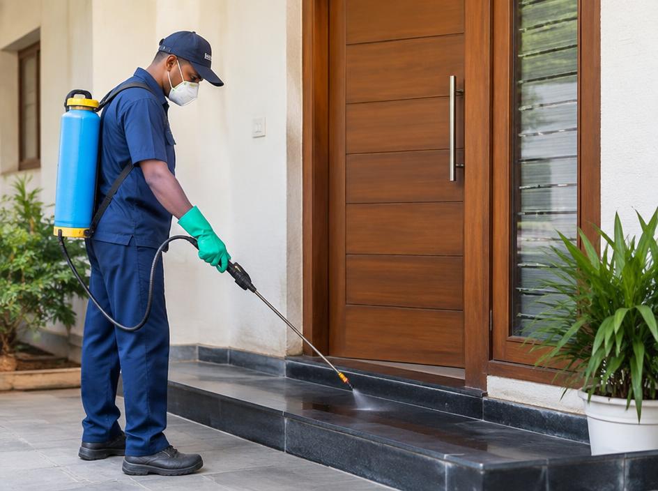Technician carrying out pest treatment at a home entrance