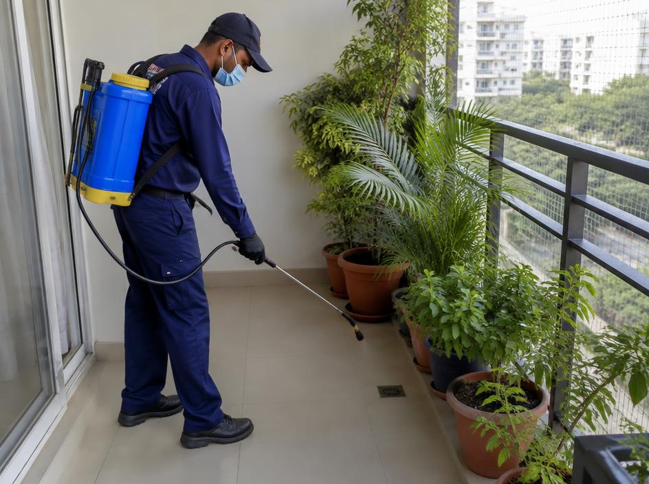Technician spraying insect treatment on an apartment balcony with plants