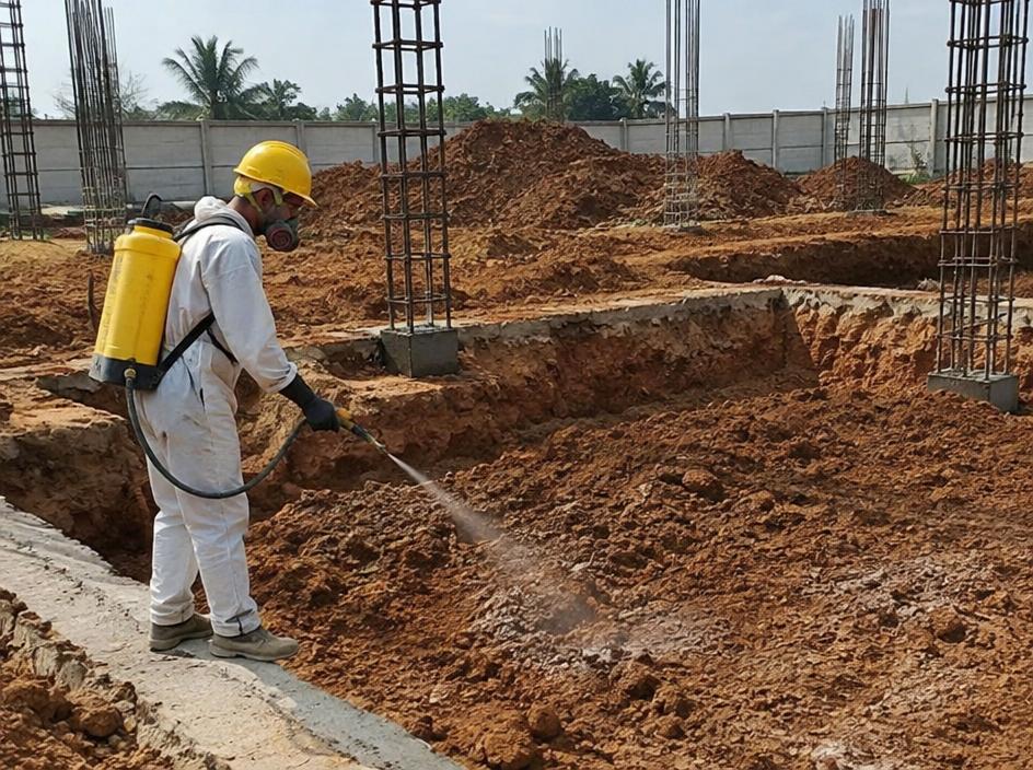 Worker applying anti-termite treatment to foundation soil at a construction site