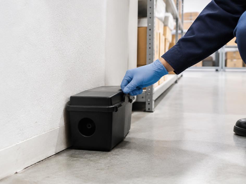 Rodent bait station placed along a wall in a storage area