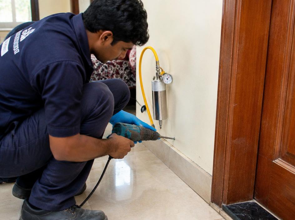 Technician drilling near a skirting to apply termite treatment