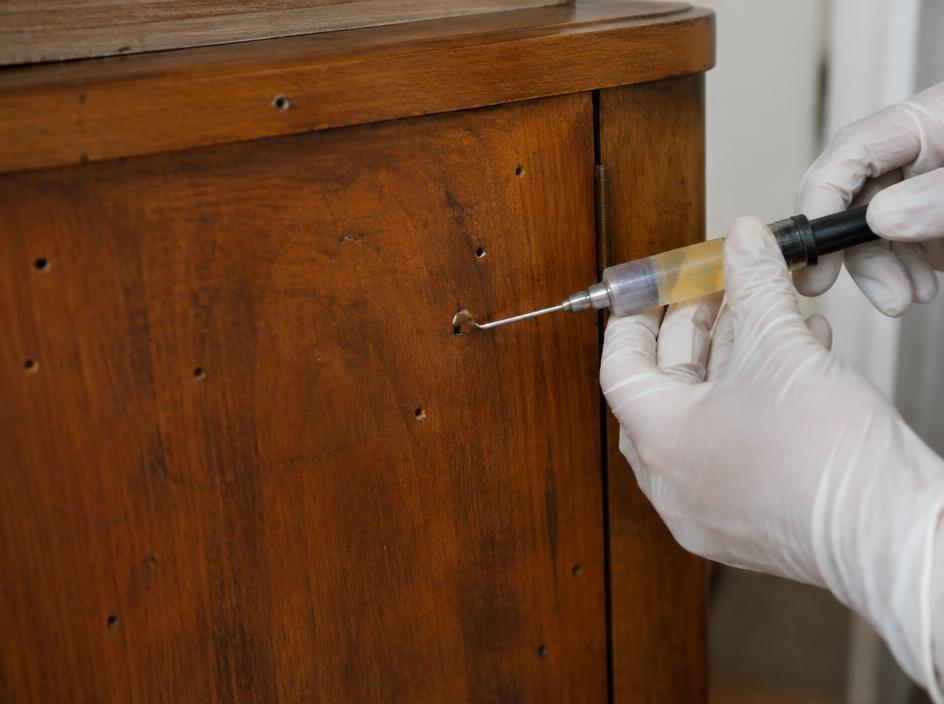 Gloved hands applying wood borer treatment to a wooden cabinet